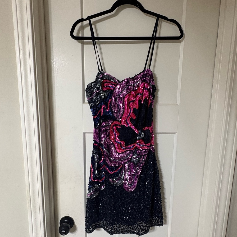 Nasty Gal Pink & Black Sequin Slip Dress with Abstract Detail